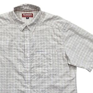 Simms Performance Fishing Products Short Sleeve Button Shirt Tan Plaid Mens XL